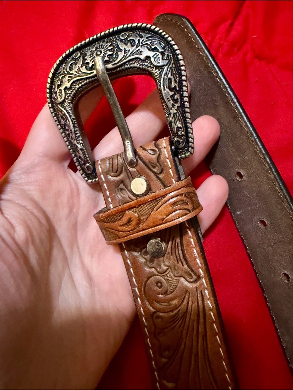 Tooled Brown Leather Men's Belt with Ornate Metal Buckle